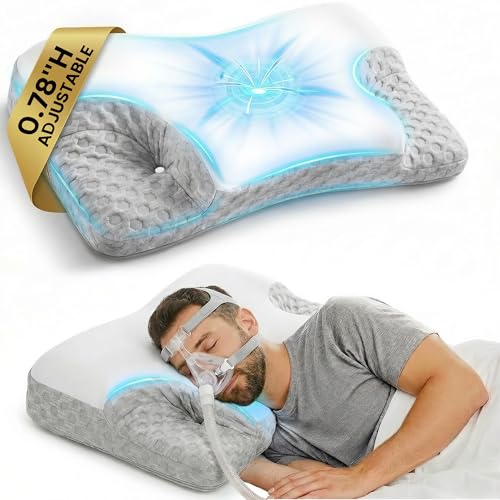 GasGbb CPAP Pillow for Side Back & Stomach Sleepers Adjustable Cervical Memory Foam Neck Pillow with Cooling Cover & Mask Cutouts Ergonomic CPAP Bed Pillow to Reduce Air Leaks & Mask Pressure