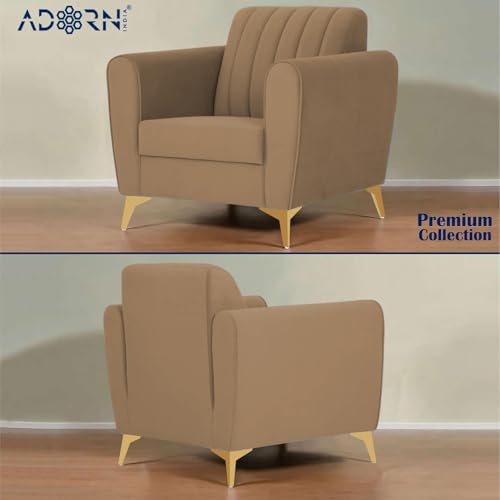 Image of Adorn India Premium Luster 3-1-1 Sofa Set | Velvet Suede Fabric | 3-Year Warranty | Color Camel with Golden Legs & Striped Pattern Cushion