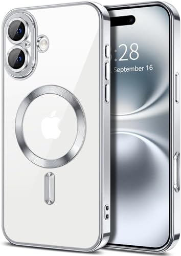 Image of VONZEE Electroplating Transparent Clear Logo Back Cover TPU Case Compatible with iPhone 16, Compatible with Magsafe, Full Body & Individual Camera Protection for Each Lens for Men & Women (Grey)