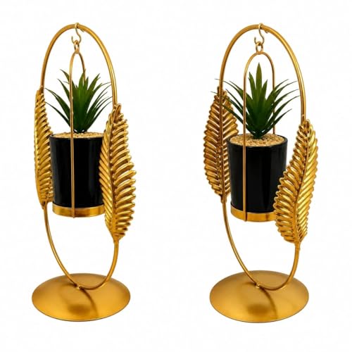 Image of Luxury Golden Metal Hanging Planter Stand with Decorative Leaf Design & Black Pot | Modern Tabletop Plant Holder for Home Decor, Living Room, Office & Balcony