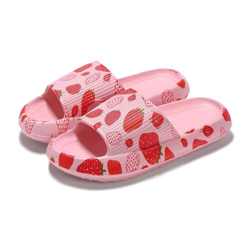 Strawberry Print Cloud Slippers Women Cute House Shower Pillow Slides Non Slip Quick Drying Indoor Outdoor Sandals