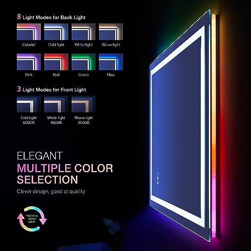 LOAAO 24"X32" LED Bathroom Mirror with Lights, Anti-Fog, Dimmable, RGB Backlit + Front Lighted, Bathroom Vanity Mirror for Wall, Memory Function, Shatter-Proof, Tempered Glass
