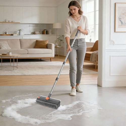 Image of SetSail Floor Scrub Brush, 3 in 1 Floor Scrub Brush with 54-in Adjustable Long Handle and Scraper Heavy Duty Stiff Bristle Floor Scrubber for Cleaning Shower Bathroom Kitchen Patio Garage, Grey&Orange