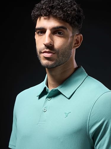 Image of TECHNOSPORT Men's Solid Slim Fit Polo Collar T-Shirt COTFLEX Half Sleeve Button Polyester for Gym Running Workout UPF50+ Anti Odour