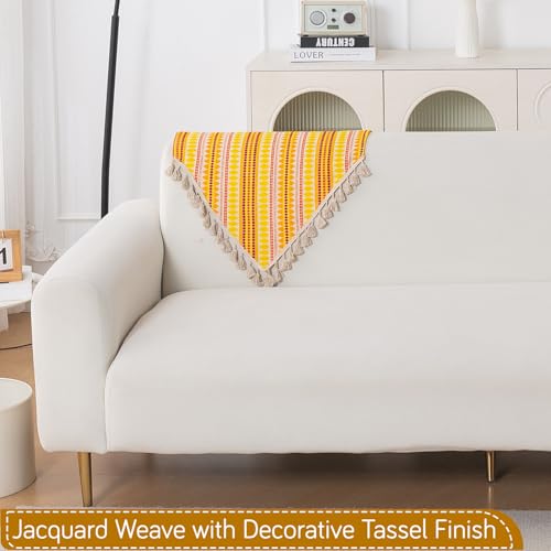 Image of HOKIPO 'Artisan Boho Series' Sofa Backrest Cover with Tassel | 450 GSM Thick Cotton Acrylic Jacquard Fabric Backrest Mat, Size 55x80 cm, Mustard Yellow (IN-900-A1)
