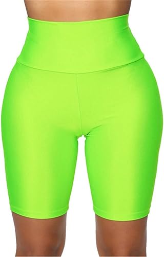 Hupplle Pantalones cortos de motociclista brillantes neón para mujer, de cintura alta, elásticos, atléticos, para ciclismo, entrenamiento, correr,