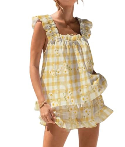 Image of ROAONOCOMO Women Floral Pajama Set Ruffle Babydoll Cami Top Coquette Pj Set Gingham 2 Piece Shorts Outfit Bridal Loungewear