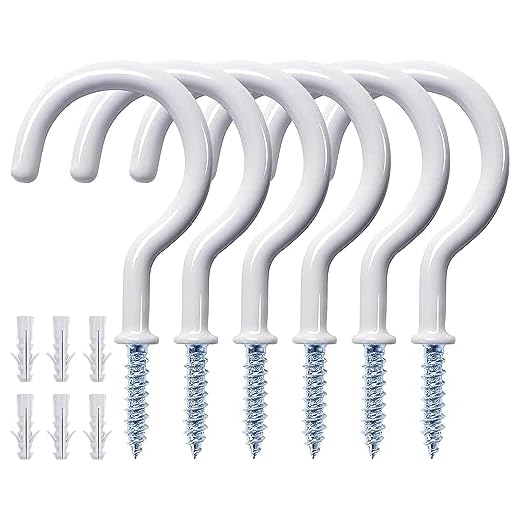Etoolia 12 Pcs Ceiling Hooks for Hanging Plants, Cups, Utensils and Lights, 1-1/4 inch Vinyl Coated Screw-in Plant and Cup Hooks for Wooden and Drywall with Anchors - White