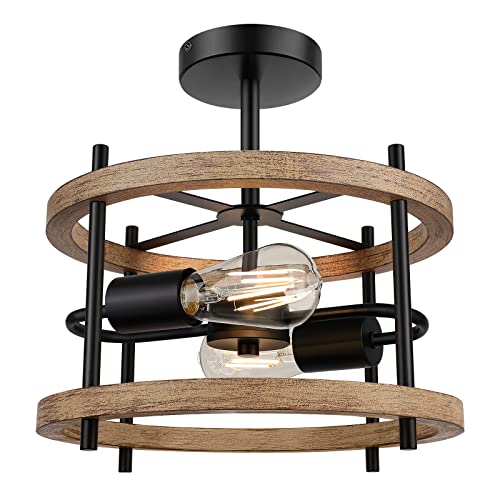 2-Light Semi Flush Mount Ceiling Light Fixture, Rustic Washed Wood Ceiling Light, Retro Farmhouse Light Fixtures Ceiling Mounted, Black Industrial Ceiling Lighting for Living Room Bedroom Hallway