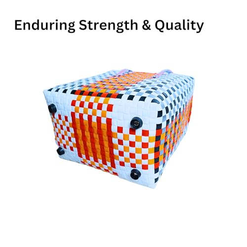 Image of Hand Made Multipurpose Plastic Basket with Lid | Eco-Friendly, Washable, Rust-Free Storage Basket for Kitchen, Picnic, Toys, Travel, Office | Lightweight basket (Red with Light blue, Small)