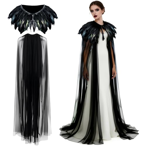 shallyong Chal de Plumas, Capa de Plumas, con Capa de Tul Larga, Mantón de Las Plumas, Gótico Vestido de Fiesta, para Halloween Mascarada Cosplay Disfraz