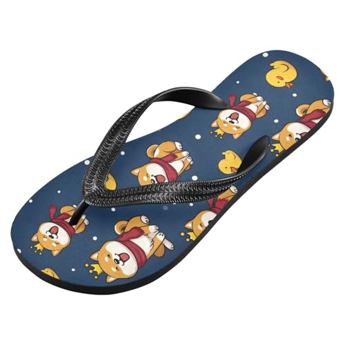 ALAZA Crown Corgi Dogs Yellow Ducks Flip Flops for Women Fashion Beach Slippers Comfort Mens Flip Flops Non-Slip Rubber Shower Slippers Sandal for Hotel Travel Sport,XS2