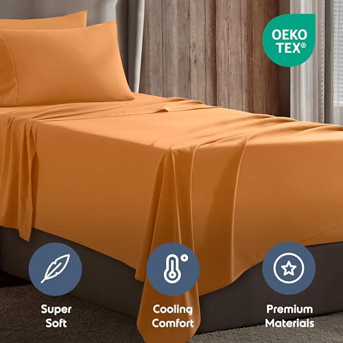 Image of Nestl Twin Bed Sheet Set - Light Orange - 3-Piece Deep Pocket | Instantly Soft, Night-One Ready (No Wash Required). Fits 16-Inch Deep Pockets, 360-Degree Elastic Grip