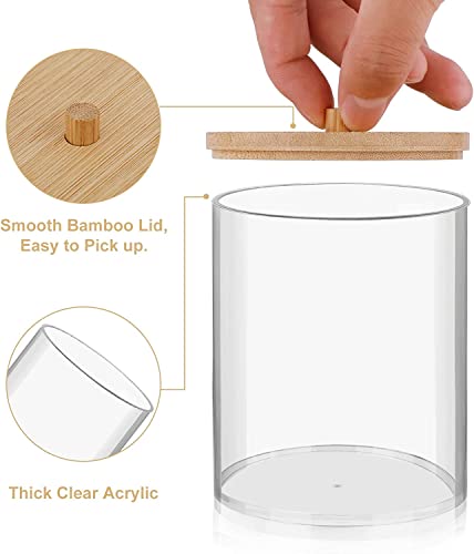 Qtip Holder Dispenser With Bamboo Lids And Vanity Tray - 10 Oz Clear Plastic Apothecary Jar Containers For Vanity Makeup Organizer Storage - Bathroom Accessories Set For Cotton Swab, Ball, Pads, Floss #TOP2