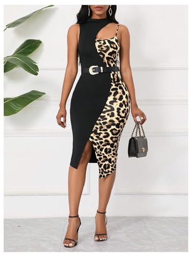 Image of GORGLITTER Women's Cheetah Leopard Print Bodycon Midi Dress Patchwork Y2K Summer Going Out Cocktail Church Sundress 2026