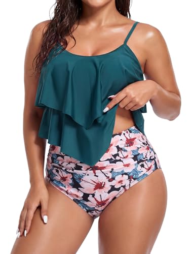Image of Bathing Suits for Women High Waisted Swimsuits Tummy Control Two Piece Tankini Ruffled Top with Swim Bottom Bathing Suits
