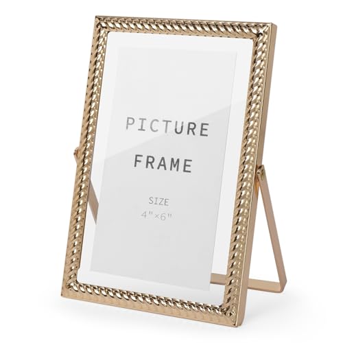 4x6 Floating Picture Frame Gold, 4 by 6 Gold Wedding Frames Vertical Metal Photo Frame with Glass Front for Tabletop Display, Ornate Elegant Design for Home Decor