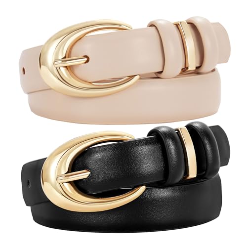 Image of TRIWORKS 2 Pack Women Leather Belt for Jeans Pants Fashion Ladies Faux Leather Belt with Gold Buckle