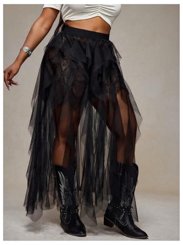 GORGLITTER Women's Plus Size Mesh Ruffle Skirt Elastic High Waist Renaissance Skirts3