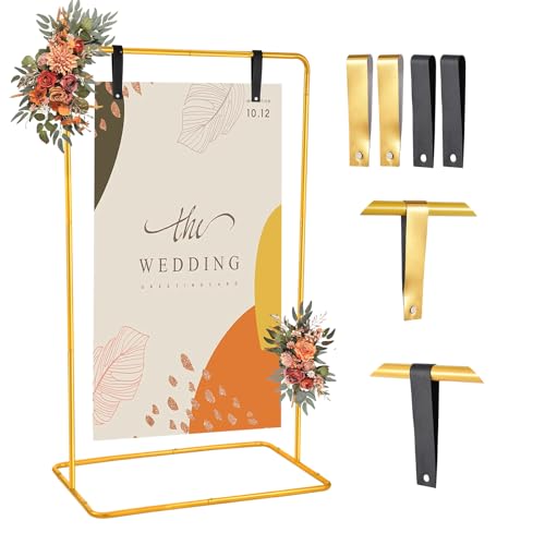 Nisoger Wedding Welcome Sign Stand 68x31x 20 Heavy Duty Easel Stand for Sign with 4 Leather Strap Welcome to Our Wedding Sign Holder Metal Floor Standing Easels for Signs Poster Gold