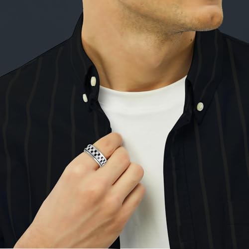 Checkered Fidget Ring for Men - 8mm 18K Gold Plated Stainless Steel Anxiety Spinner Jewelry for Adults, Modern Black and White Checkerboard Roating Ring for Stress Relief Gift for Men Women2