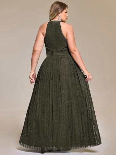 Image of Ever-Pretty Plus Women's Floor Length A-Line Halter Sleeveless Pleated Glitter Plus Size Formal Dress Evening Gown