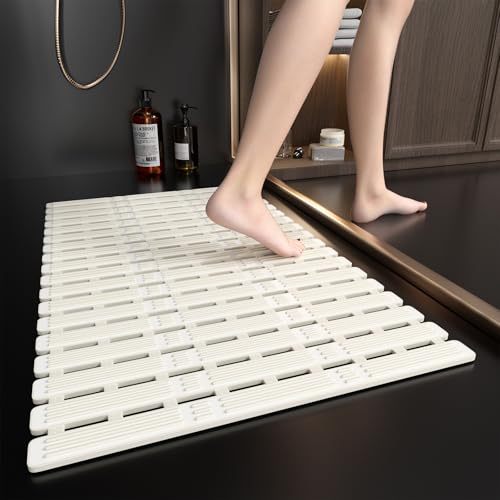 Image of XIYUNTE Shower Mat Non Slip Anti Mould for Elderly - 68 x 40cm Non Slip Bath Mats for Inside Bath, TPE Anti Slip Shower Mat with Strong Suction Cups & Drain Holes, Cut to Fit, Matt White