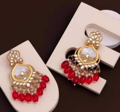 Image of Traditional 20K Gold Plated Kundan Chandbali Earrings with Black Beads and Faux Pearls for Women - Ethnic Wedding & Partyy Wear Statement Jewelry