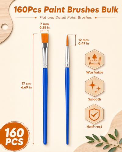 Image of Small Paint Brushes Bulk, 160 Pcs Flat Tip Round Acrylic Paint Brushes for Kids Classroom Acrylic Watercolor Canvas Face Painting Touch Up