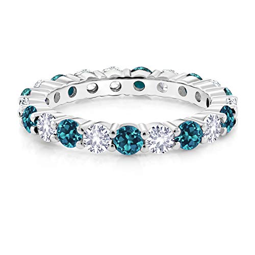 Gem Stone King 2.60 Cttw London Blue Topaz and White Created Sapphire Eternity Band Ring For Women | 925 Sterling Silver | Round 3MM | Gemstone Birthstone | Available 5,6,7,8,92