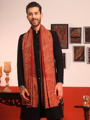 Image of Pashmoda Men Arcadia Borders Jamawar Shawl, Stole and Wrap, Sustainable and Natural Fabric, Heritage Kashmiri Pashmina, Medium Size for Gents, (Size 40x80 Inches)