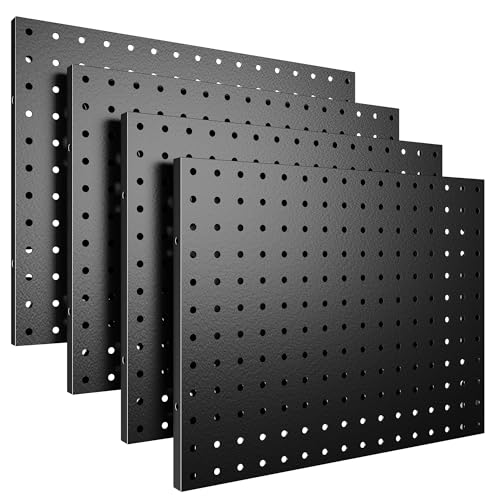 Spampur Peg Board, 4 Pack Metal Pegboard Panels with 50 Hooks, Black Pegboards Wall Organizer, Heavy Duty Peg Board for Walls Home, Garage Tool Storage, Office Organization, Craft Room, Kitchen