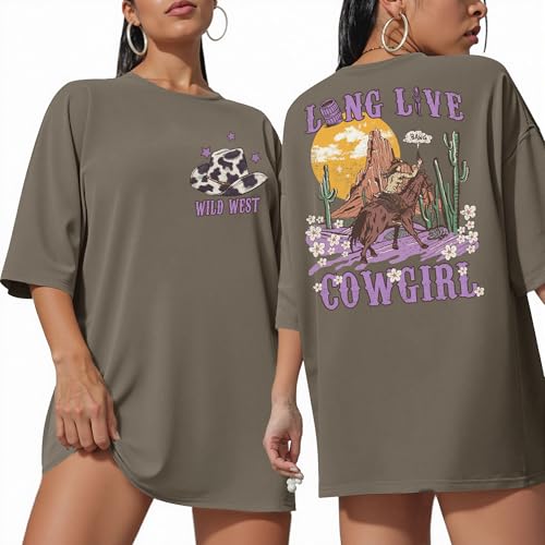 WIEIYM Womens Oversized Western Cowgirl Graphic Tees Shirt Baggy Cowboy Rodeo Tshirt Top Short Sleeve Loose Retro Print T Shirts Brown