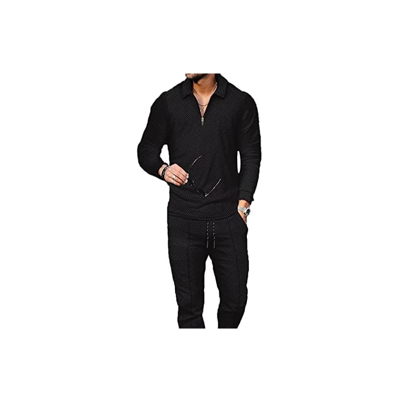 Size M Black Men’s Polo Track Suit Sets Long Sleeve Mens Outfits 2 Piece Fashion Sweatsuit Comfy Casual Set for Men