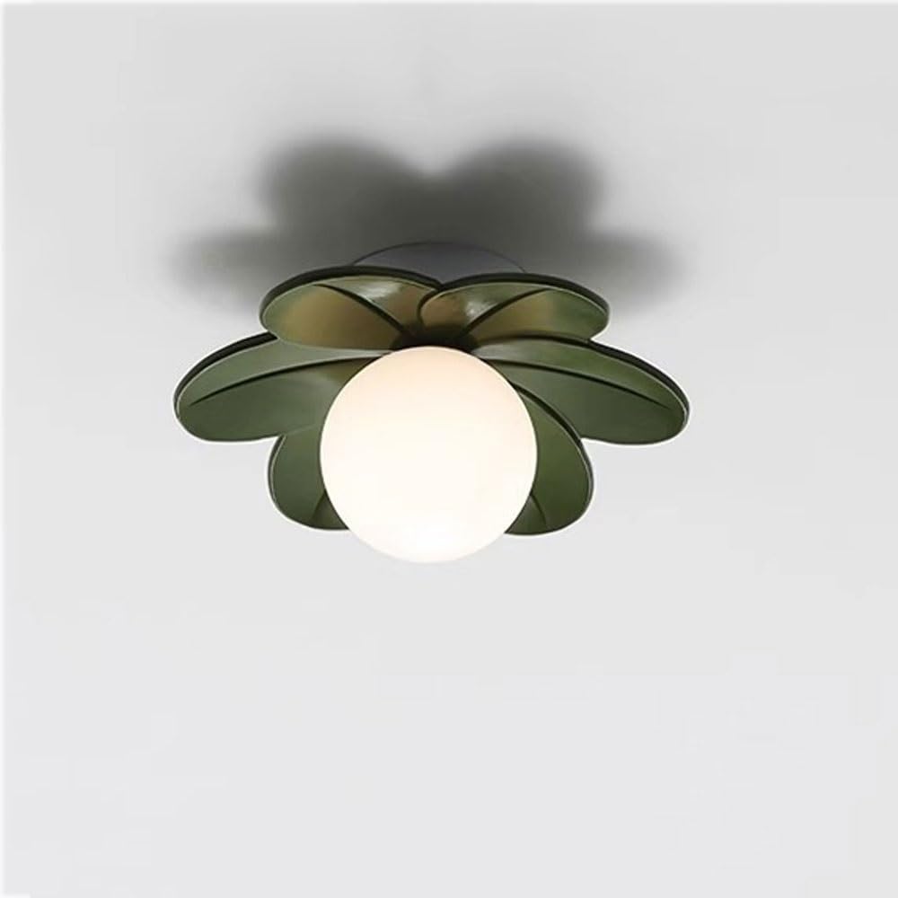 NHPJFDC White Flower Flush Mount Ceiling Light Modern Petal Fixture with Milk Glass Globe Close to Ceiling Lamp for Bedroom Nursery Hallway Kids Room E26 Base(Green)