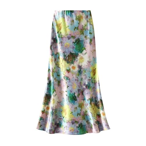 Women's Satin Oil-Print Mermaid Skirt Artistic Floral Print Bodycon Hem Flare Maxi Skirts Summer