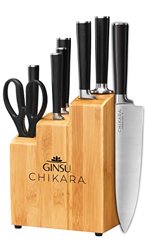 Ginsu Chikara Series Forged 8-Piece Japanese Knife Set, Black - Premium Cutlery Set with 420J Stainless Steel Kitchen Knives and Bamboo Block