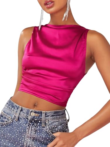 WDIRARA Women's Satin Backless Crop Top Tie Back Sleeveless Ruched Party Blouse Tops