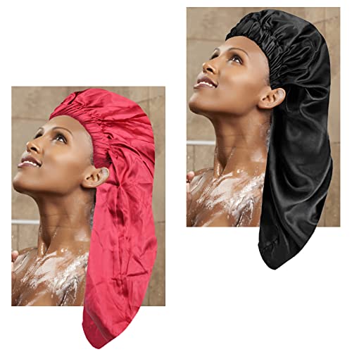 Meigoss Seidenhaube Zum Schlafen, 2 Stück Silk Bonnet, Schwarz Rote Schlafhaube Seide Ist für lange Haare Geeignet Cover