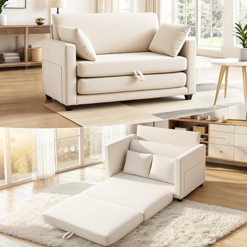 Image of 52 inch Loveseat Sleeper Sofa Bed, Convertible Small Pull Out Couch with Solid Back, 2 Pillows, Modern Upholstered Loveseat for Compact Living Room, Apartment, Bedroom, Beige