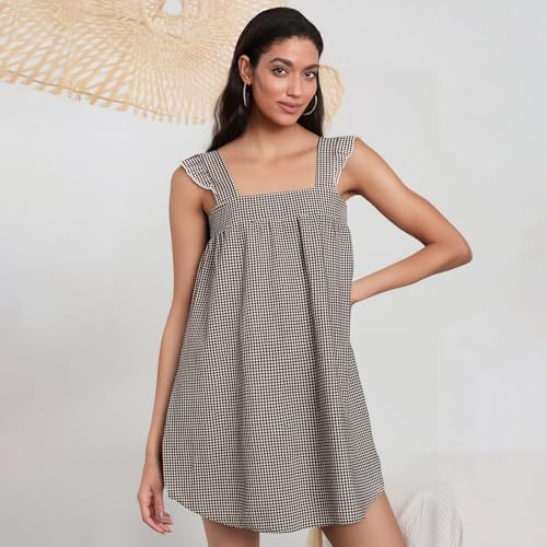 Image of Women Summer Floral Embroidery Dress Sleeveless Ruffle Loose A-line Mini Dress Beach Clubwear Streetwear