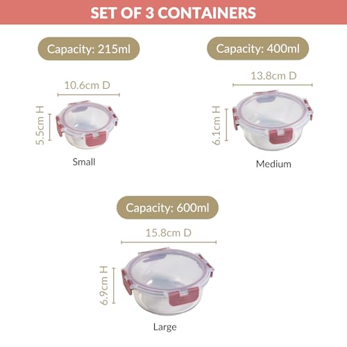 Image of Nestasia Nestro Airtight Glass Containers with Lid Set of 3 (215ml, 400ml, 600ml) | Spill Proof Round Glass Containers with Break Free Lock - Microwave, Dishwasher & Freezer Safe (Mauve)