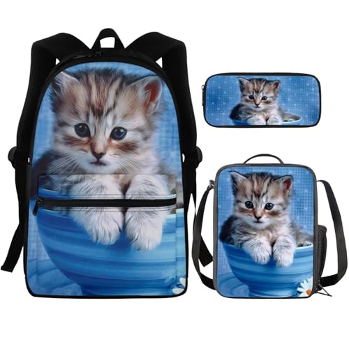 FOR U DESIGNS Cute Tabby Cat Print 3 Piece School Set for Girls Ages 6-12 Lightweight Backpack with Insulated Lunch Bag and Small Pencil Case Organizer for Elementary School2