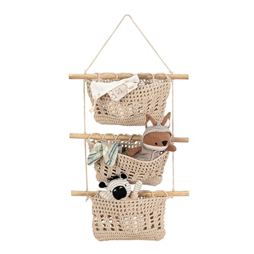 Image of Crane Baby Charlie Farmhouse 3-Tier Toy Hanging Wall Storage Organizer, Stuffed Animal Storage, Nursery Decor Organizer, Kids Room Organization, Wall Basket, Playroom Décor