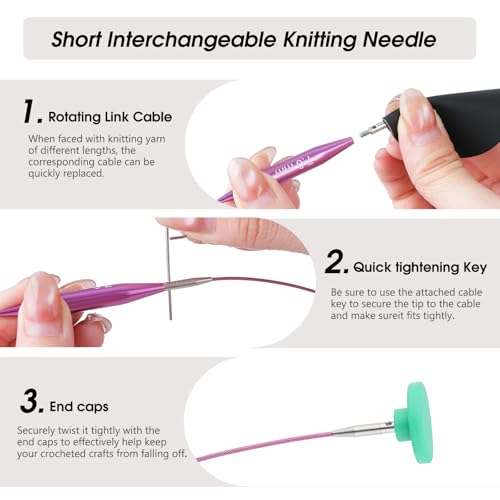 Image of Guclud 2-Inch Short Interchangeable Circular Knitting Needles Set | US 2.5-11 (3.0-8.0mm) | 12-Pair of Metal Small Circular Needles | 4 Cables (6 inch, 8 inch, 12 inch, and 16 inch), Accessories & Case