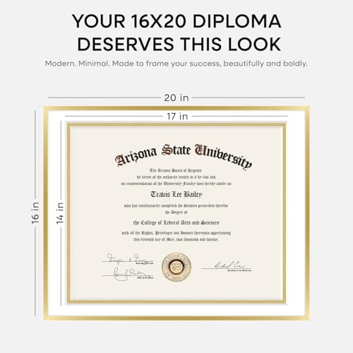 Image of Homeforia 16x20 Diploma Frame Gold, High End Metal 16 x 20 Gold Certificate Frames with Mat 14 x 17, 16by20 Document Frame Matted to 14x17, Graduation Degree Frames, Tempered Glass, Wall Kit, Set of 1