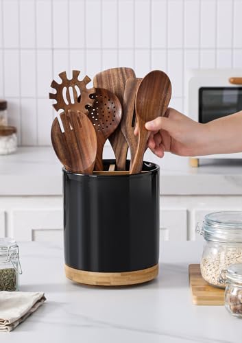 Image of LoeJan 3 Compartment Utensil Holder, Extra Large Utensil Crock, Stable Ceramic Utensil Organizer, Cooking Tool Organizer Set for Kitchen Counter Farmhouse Decor (D-Black(Grossy))