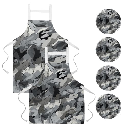 Tablier de cuisine réglable camouflage gris pour éviter les taches de cuisson vêtement doux