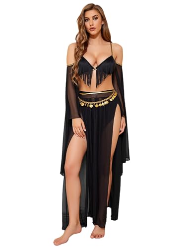 FEESHOW Damen Kostüm Cleopatre Cosplay Halloween Karneval Ägyptisches Kleid Bauchtanz Bh Pailletten Schlitz Rock Accessoires Set Schwarz S