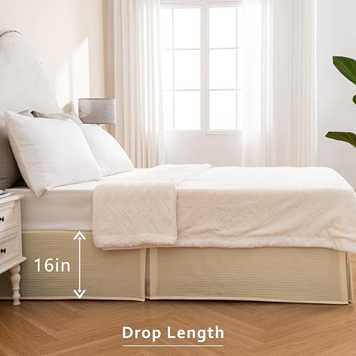 Image of MIYE Pleated Waffle Weave Bed Skirt, Tailored Dust Ruffle 16 Inch Drop Easy Fit, Machine Washable,No Split Corners (Light Beige, Queen - 16 inch Drop)